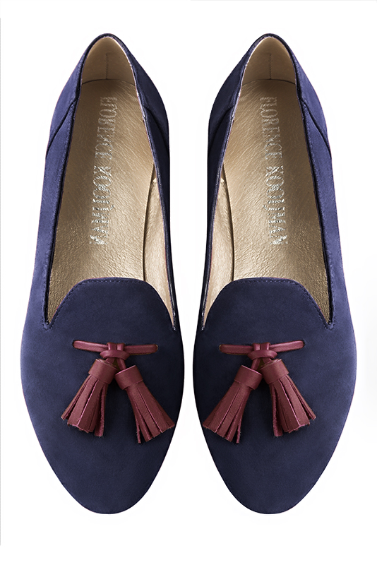 Navy blue and burgundy red women's loafers with pompons. Round toe. Flat block heels. Top view - Florence KOOIJMAN